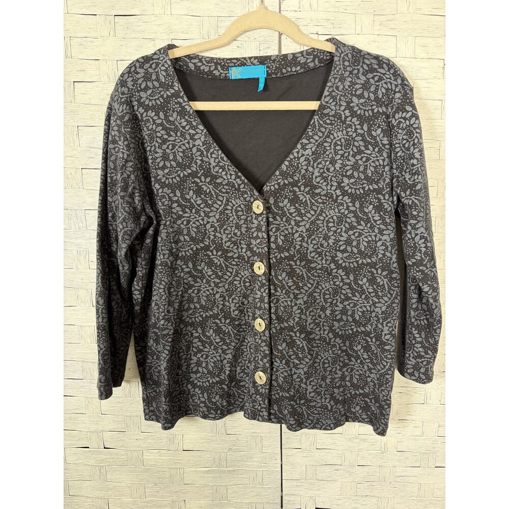 Fresh produce womens cardigan jersey knit grey black eclectic grandma feminine 